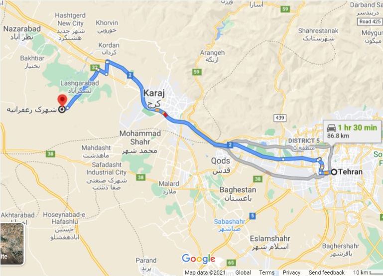 فاصله زمانی و مسافتی شهرک زعفرانیه کردان تا تهران