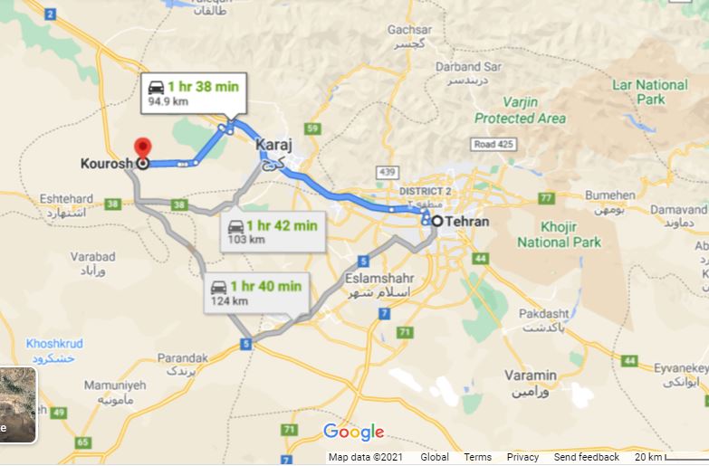 فاصله شهرک کوروش نجم آباد تا تهران